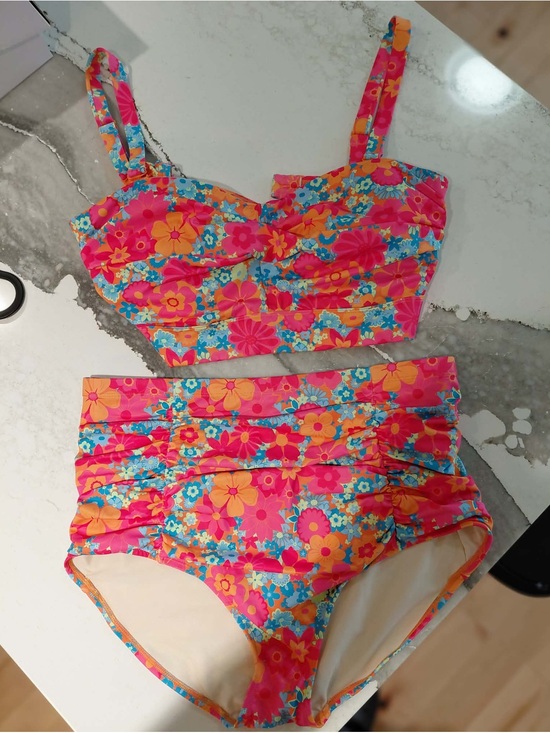 Joe Fresh Other - Joe Fresh Vintage-Style Floral High-Waist Bikini Set — Bright Pink & Orange 1X